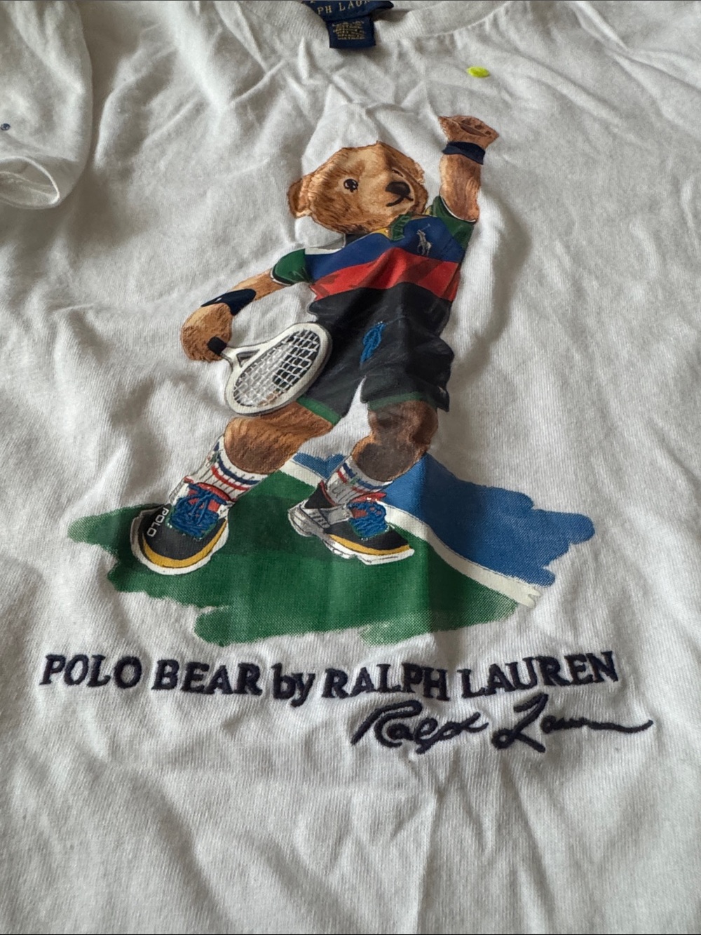 Ralph Lauren White Polo Bear Tennis Graphic Tee with Multicolor Print